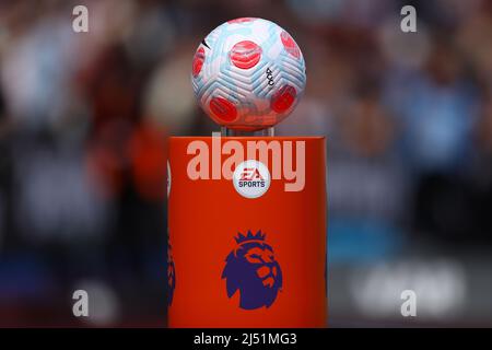 Nike Strike Aerowsculpt 2021/22 Official Premier League match ball is placed on a branded Premier League and EA Sports ball plinth / stand - West Ham United v Burnley, Premier League, London Stadium, London, UK - 17th April 2022  Editorial Use Only - DataCo restrictions apply