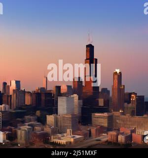 Chicago USA city center skyscrapers and architecture, America travel downtown, drawing in oil wall art print for canvas or paper poster, tourism Stock Photo