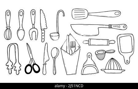 Kitchen icon set. Lines kitchen cooking tools and appliances, kitchenware, spoon, knives and scissors, serving items. Vector illustration in hand Stock Vector