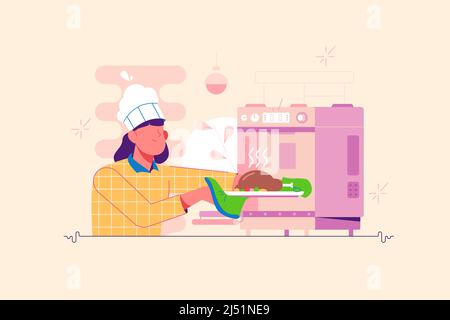 Character put homemade dish to oven for baking in kitchen Stock Vector
