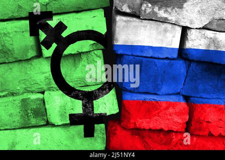 Concept of the relationship between Israeli Transgender and Russia with two painted flags on a damaged brick wall Stock Photo