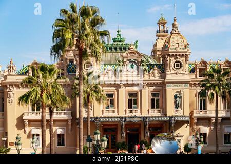 Monaco, Monte Carlo, 21 August 2017: Casino at sunset, mirror monument, a lot of tourist, architecture of principality Stock Photo