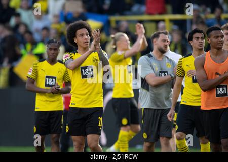 Dortmund, Deutschland. 16th Apr, 2022. Dortmund final jubilation, lap of honor, jubilation, cheering, joy, cheers, in front Axel WITSEL (DO)Ã¶ Soccer 1st Bundesliga, 30th matchday, Borussia Dortmund (DO) - VfL Wolfsburg (WOB) 6: 1, on 04/16/2022 in Dortmund/Germany. #DFL regulations prohibit any use of photographs as image sequences and/or quasi-video # ÃÂ Credit: dpa/Alamy Live News Stock Photo