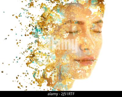 A portrait of young woman combined with digital graphics of countless particles Stock Photo