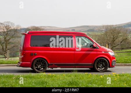 2020 red VE Volkswagen Transporter T28 Highline Tdi 1968 cc  diesel CamperKing; Volkswagen motorhomes, Transporter, camper vans, kombi, combi, campervan van, motorhome conversion, Vee Dub, conversions, microbus, bus, campers, VW vans in motion. Stock Photo