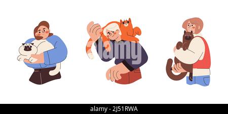 Flat young people holding, playing and hugging cute cats. Happy pet owners with lovely colorful animals in hands. Smiling man and women adopting domestic cuddly feline animal companion from shelter. Stock Vector
