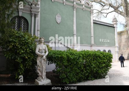 Venedig, Italy. 19th Apr, 2022. The closed Russian Pavilion is on view at the Giardini prior to the 59th Biennale of Art (Apr. 23-Nov. 27) at the Preview Opening. The biennial Biennale Arte is considered worldwide the oldest and, after the documenta in Kassel, the most important international forum for contemporary visual art. Credit: Felix Hörhager/dpa/Alamy Live News Stock Photo