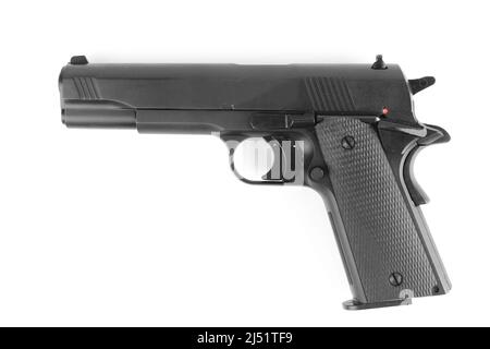 Black semi-automatic pistol isolated on white background Stock Photo