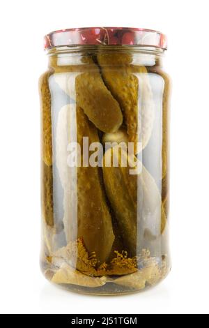 Pickled cucumbers in a glass can isolated on white background Stock Photo
