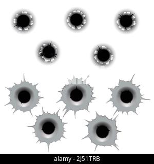 Metal bullet hole set vector. Input and output gunshot cracked bullets holes Stock Vector