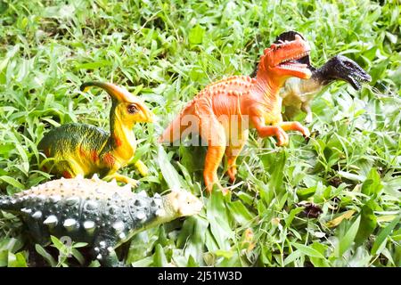 Dinosaurs toys, T-rex , Spinosaurus, Velocipraptor, Ankylosaurus Stock Photo