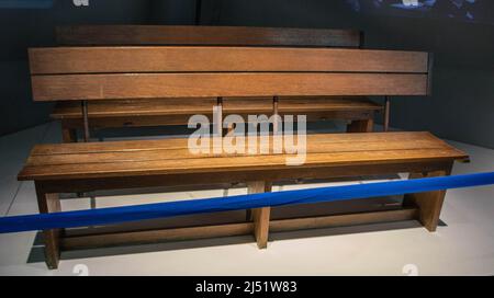 Bench from Nuremberg courtroom 600, Memorium Nuremberg trials, Nuremberg, Germany Stock Photo