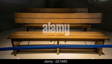 Bench from Nuremberg courtroom 600, Memorium Nuremberg trials, Nuremberg, Germany Stock Photo