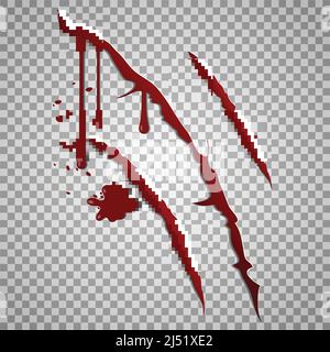 Bloody scratch marks. Vector incised wounds with blood drops, Blood from damaged injury illustration Stock Vector