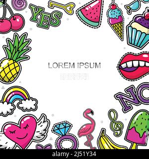 Comic fashion patches concept with fruits cake ice cream treble clef rainbow cherry ring flamingo key mouth heart yes and no words vector illustration Stock Vector