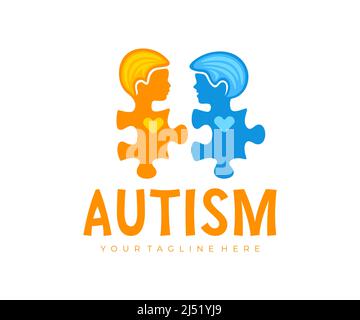 Autism therapy, children communication and puzzles, logo design. Health care, medicine, psychology and disease, vector design and illustration Stock Vector