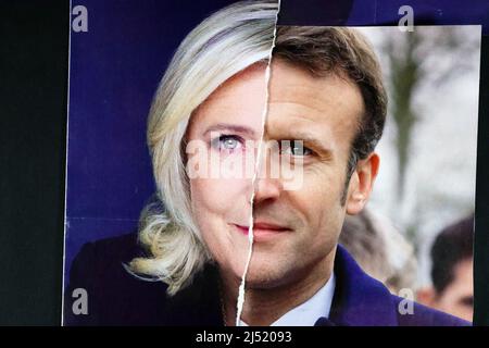 Mixed campaign poster. Mixed faces of the two candidates for the 2022 presidential election Emmanuel Macron vs Marine Le Pen in France. MACRON vs LEPE Stock Photo