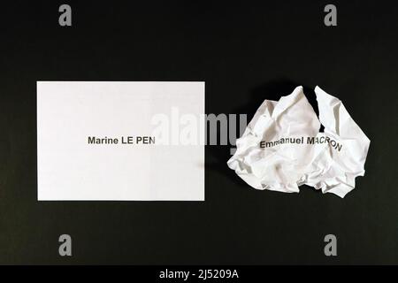 Vote for Marine LE PEN in France, refusal of the outgoing president Emmanuel MACRON. Ballot papers next to each other, voting booth. Stock Photo