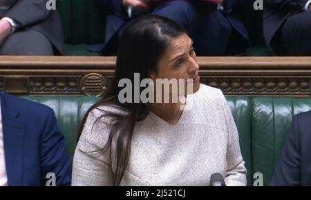 Home Secretary Priti Patel makes a statement in the House of Commons in London, following a scheme designed to crack down on migrants landing on British shores after crossing the Channel in small boats, the UK intends to provide those deemed to have arrived unlawfully with a one-way ticket to Rwanda. See PA story POLITICS Immigration. Photo credit should read: House of Commons/PA Wire Stock Photo