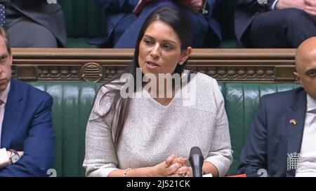 Home Secretary Priti Patel makes a statement in the House of Commons in London, following a scheme designed to crack down on migrants landing on British shores after crossing the Channel in small boats, the UK intends to provide those deemed to have arrived unlawfully with a one-way ticket to Rwanda. See PA story POLITICS Immigration. Photo credit should read: House of Commons/PA Wire Stock Photo