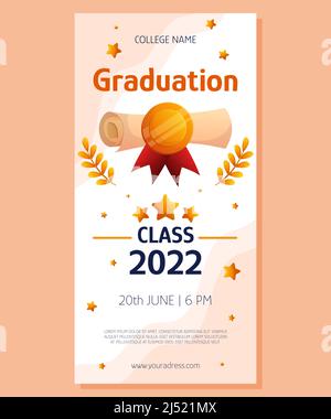 Graduation vertical banner with script, red ribbon and golden medal. Vector layout invitation template. Degree ceremony invite. Student greeting design. Stock Vector