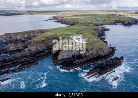 Galley Head, West Cork, Ireland. 19th Apr, 2022. Galley Head Lighthouse sits atop the coast in West Cork on a day of sunshine and showers. It will become drier this evening with highs of 10-13C. Credit: AG News/Alamy Live News Stock Photo