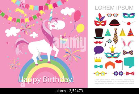 Flat birthday party concept with unicorn on rainbow garland balloons fireworks masquerade masks hats ties speech bubbles vector illustration Stock Vector