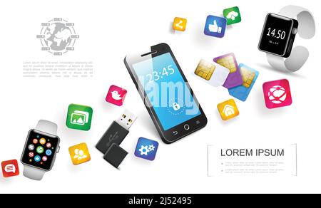 Realistic gadgets colorful concept with phone sim cards smartwatches usb flash drive and mobile applications colorful icons vector illustration Stock Vector