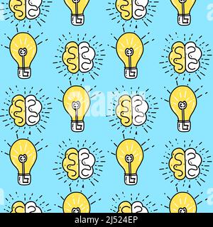 Seamless pattern with an illustration of a lamp and a brain as a symbol of a good idea in a doodle style in blue and yellow Stock Vector