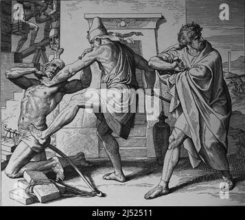 Moses avenges the mistreatment of the fellow Hebrew. Exodus. Engraving by Julius Schnorr Von Carolsfeld  (1794-1872) Stock Photo