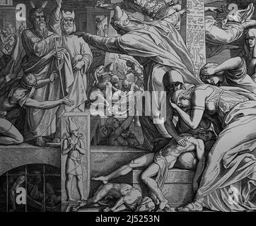 The Death of the firstborn and the Realese of the Israelites. Exodus. 12:29. Engraving by Julius Schnorr Von Carolsfeld  (1794-1872) Stock Photo