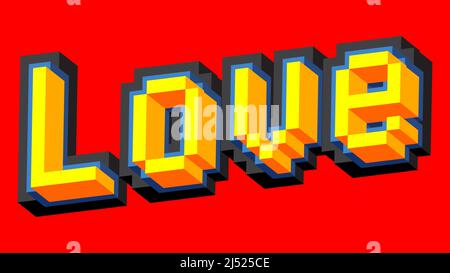 Love pixelated word with geometric graphic background. Vector cartoon illustration. Stock Vector