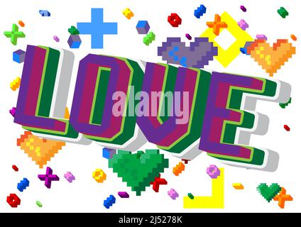 Love pixelated word with geometric graphic background. Vector cartoon illustration. Stock Vector