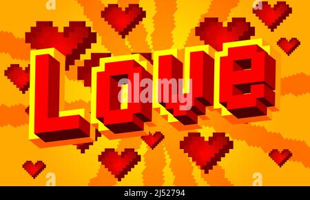 Love pixelated word with geometric graphic background. Vector cartoon illustration. Stock Vector