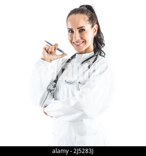 Smiling doctor or nurse with pen and stethoscope around her neck - Isolated on white. Stock Photo