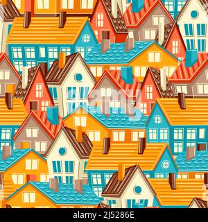 Seamless pattern with cute houses. Country colorful cottages background. Stock Vector