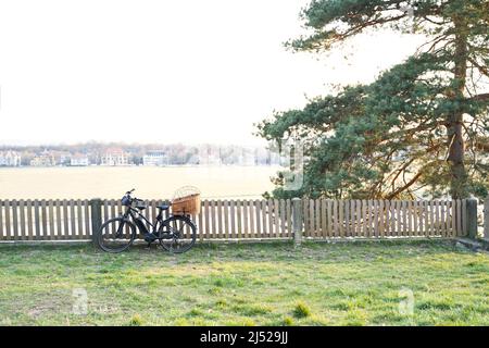 Modern electric bike with wicker basket parked near wooden fence on meadow Stock Photo