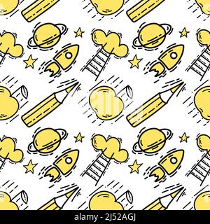 Seamless pattern with Illustration space rocket, pencil, apple a doodle style black yellow color on white background Stock Vector