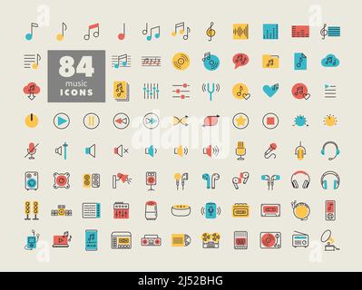 Music vector icon set. Graph symbol for music and sound web site and apps design, logo, app, UI Stock Vector