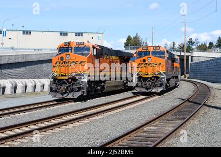 Everett, WA, USA - April 17, 2022; Two BNSF freight trains waiting on a curve in Everett Washington Stock Photo