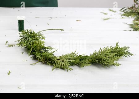 Florist at work: How to make traditional christmas door wreath with thuja twigs. Step by step, tutorial. Stock Photo