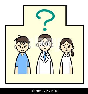 Three medical workers with a question mark at hospital Stock Photo