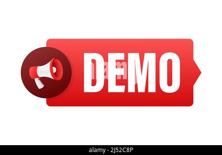 Label with demo megaphone. Marketing announcement. Online marketing concept. Vector stock illustration. Stock Vector