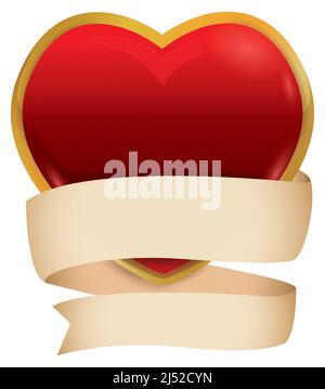 Design with gradient effect of a big red heart, with golden frame and empty ribbon template around it. Stock Vector