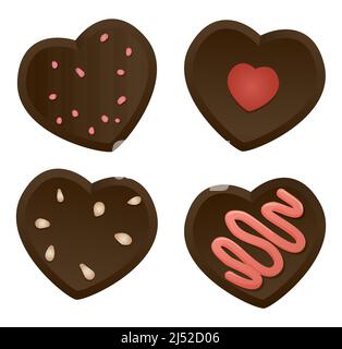 Tasty set of heart-shaped chocolate candies, decorated with different toppings with gradient effect. Stock Vector