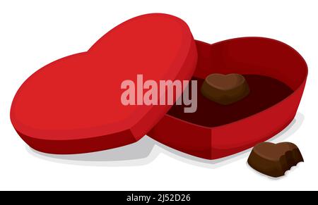 Big red heart-shaped box, opened with chocolate inside and one half bitten. Design in cartoon style and white background. Stock Vector