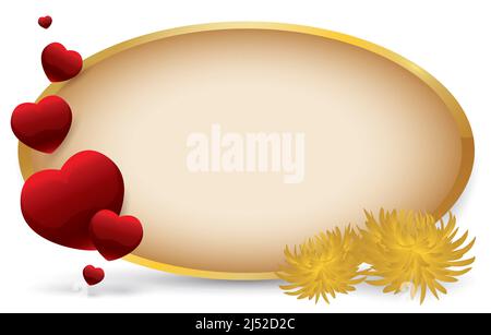 Template design with sign decorated with floating golden frame, sized hearts and yellow chrysanthemums. Stock Vector