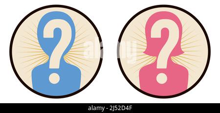 Couple of circles with mysterious woman and man silhouette with question marks inside of it. Stock Vector
