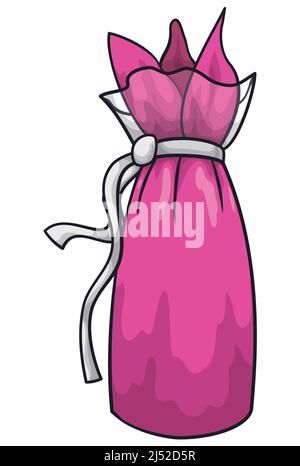 Slim and tall pink pouch, wrapped wtih transparent envelope, sealed with a decorative silver ribbon tie. Stock Vector