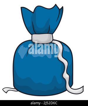 Design in cartoon style of blue gift like pouch, wrapped with blue envelope paper and silver ribbon as decoration. Stock Vector